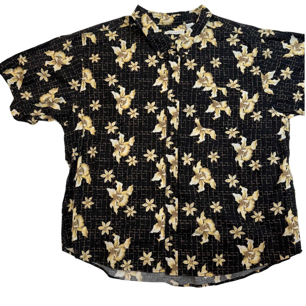 Knightsbridge Mens 3X Floral Button Up Shirt Black Tan Cotton Short Sleeve 0697